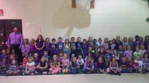 Students at Brett's school dressed in purple to support his marathon. 
