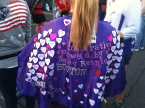 Cape the Susan wore for a race. The hearts all represent the names of donors for her fundraiser in Gary's honor.