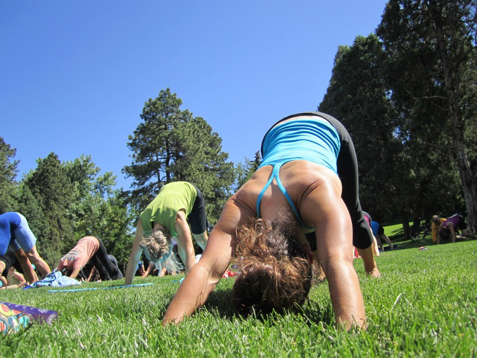 Project Purple runner & yoga therapist Debby Patz-Clarke at "Yoga in the Park".