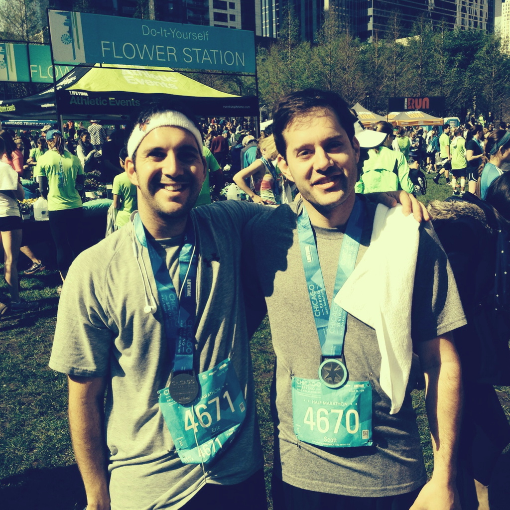 Eric (L) with his brother, at the finish of the Chicago Half-Marathon