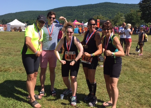 At the BIG George Tri: left to right Shay's father, Roger, brother, Zach, Shay, aunt Erica Levine and Fayne Frey